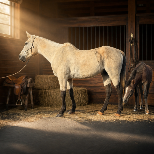 Mare and foal in a sunlit stable