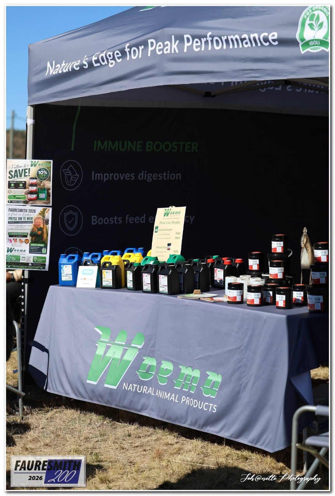 WOEMA gazebo with product table, bottles, jars and price list at Fauresmith 2026