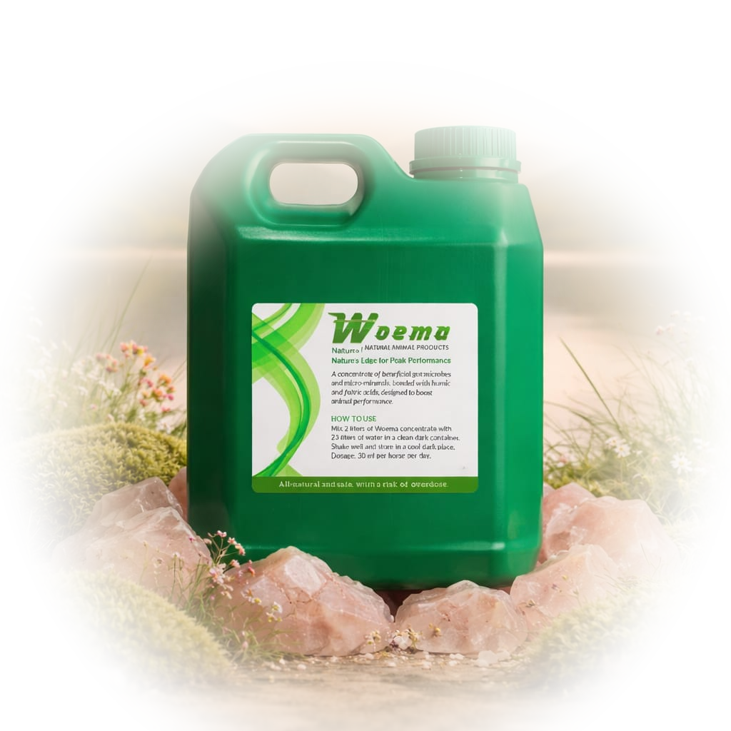 WOEMA Immune Booster concentrate container resting among moss and rose quartz beside a calm lake