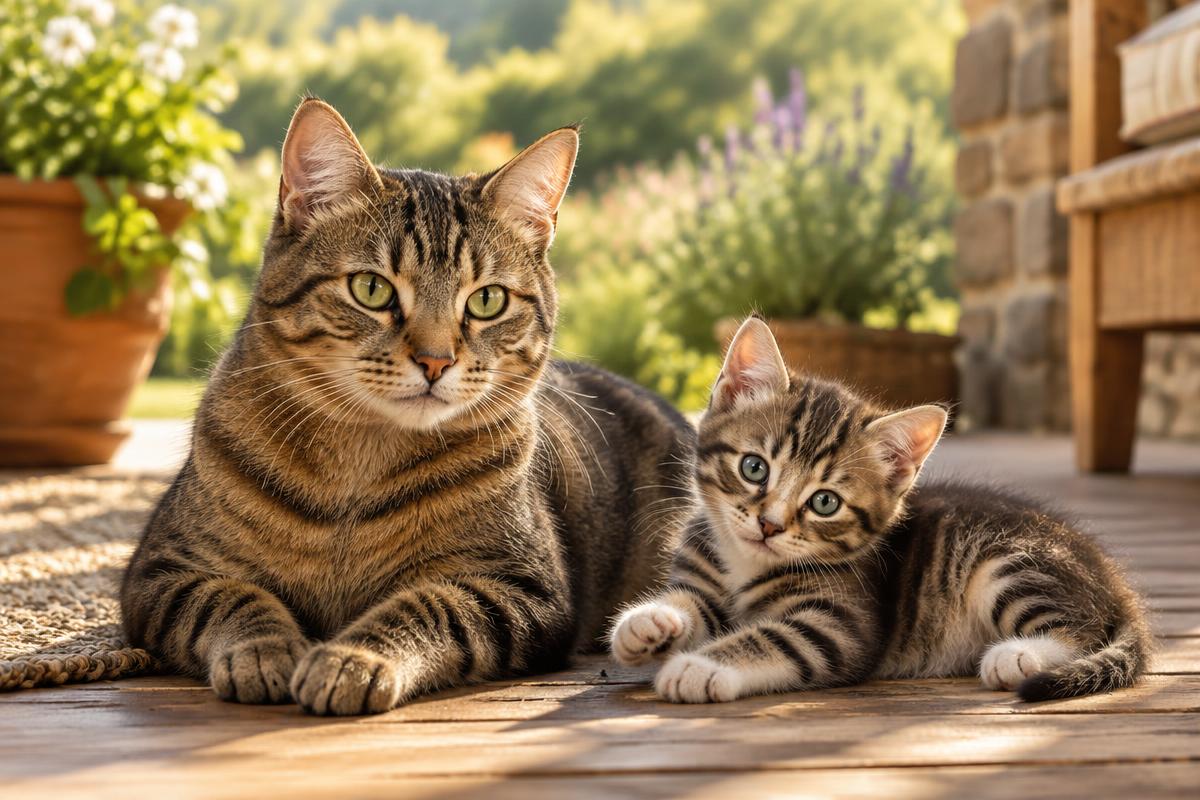 Healthy adult tabby cat resting beside a kitten