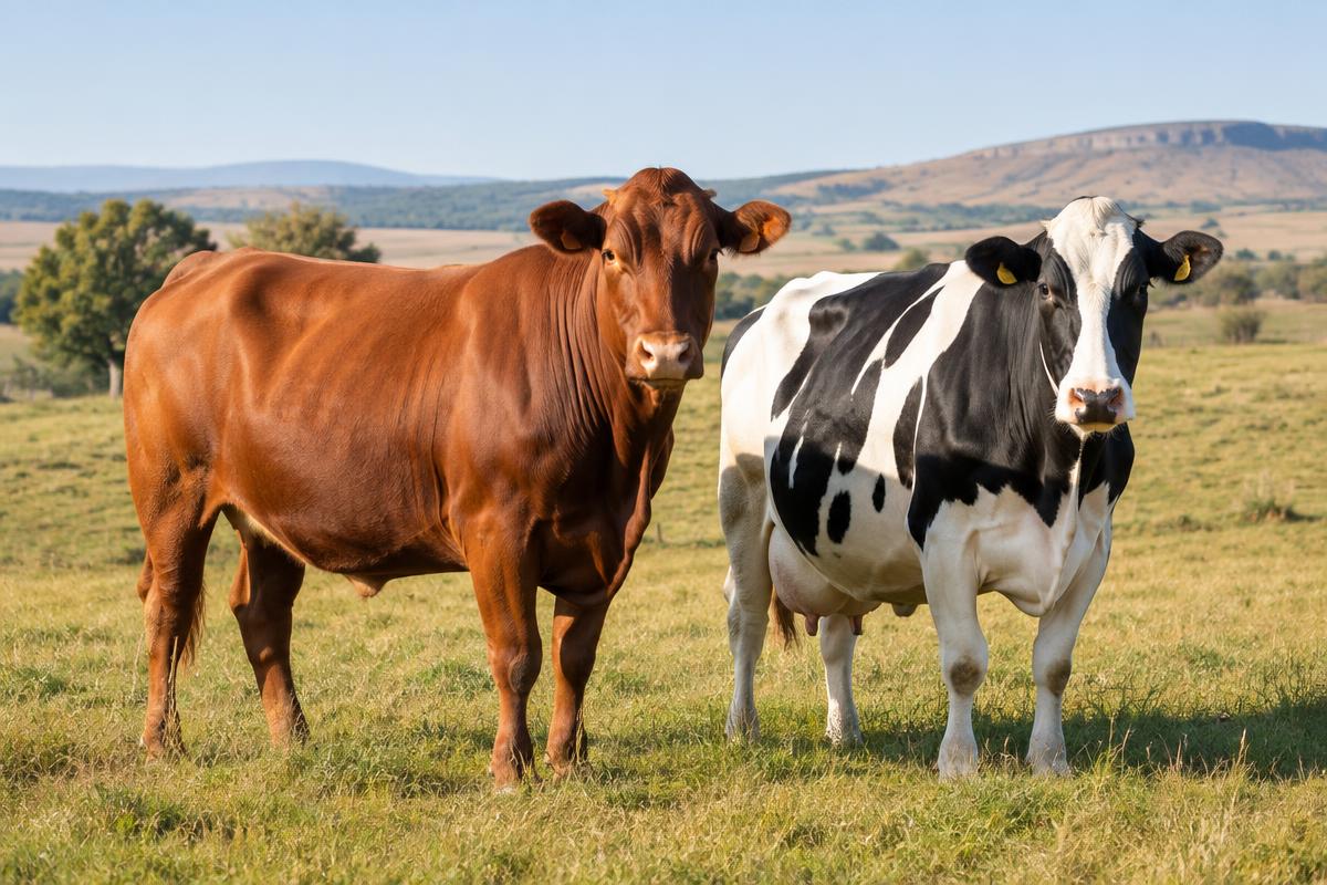 Glossy Bonsmara beef cow and Holstein dairy cow in a South African pasture