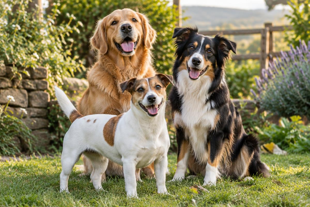Healthy Jack Russell, Golden Retriever and Border Collie in a farm garden