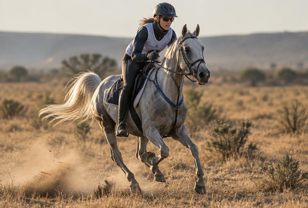 Arabian endurance horse and rider galloping through dust on an endurance course