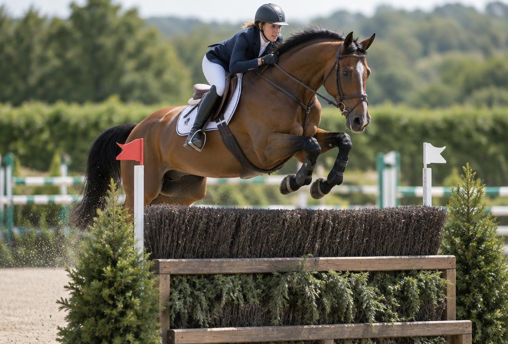 Showjumping horse and rider clearing a wide brush oxer