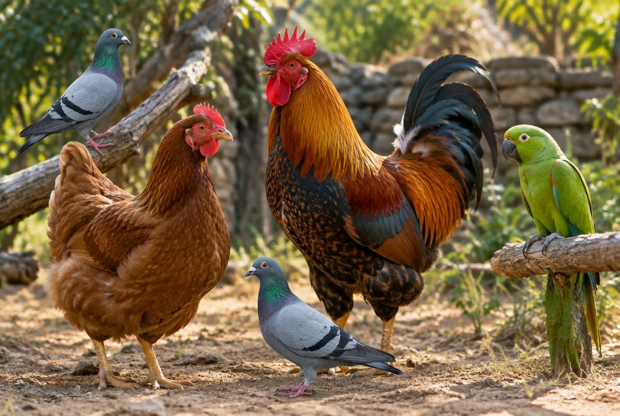 Healthy hen, rooster, grey racing pigeons and parrot in a natural farmyard