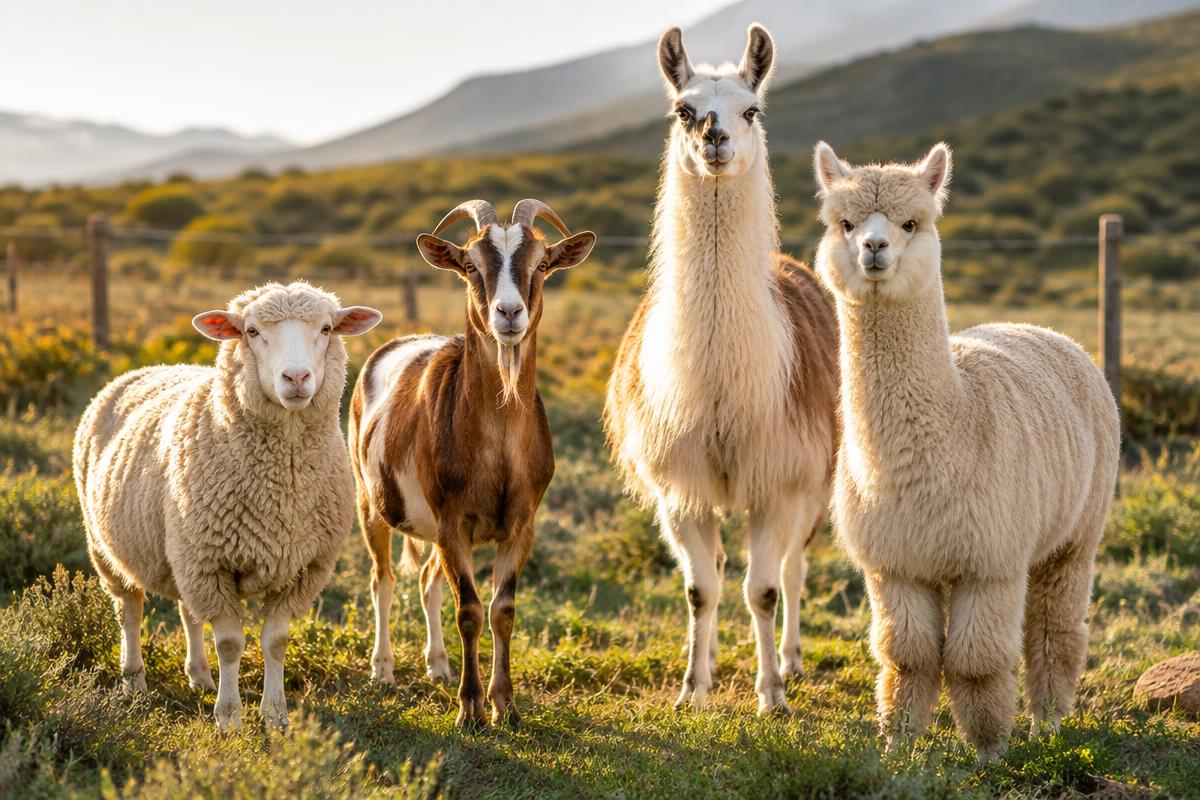 Sheep, goat, llama and alpaca together in a natural pasture